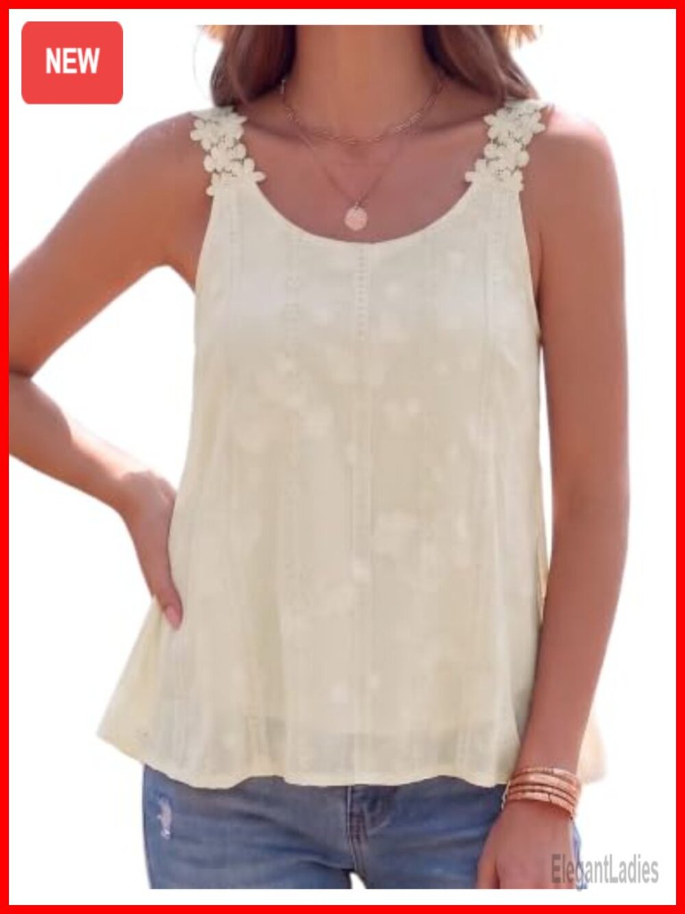 Sleeveless Crewneck Babydoll Tank Top Lace Strap Flowy Summer